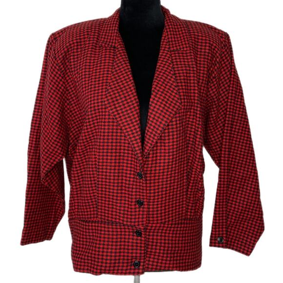 VINTAGE Red Black Plaid Blazer - Pleated Detail - Button Waist Jacket - Size S - Picture 1 of 5